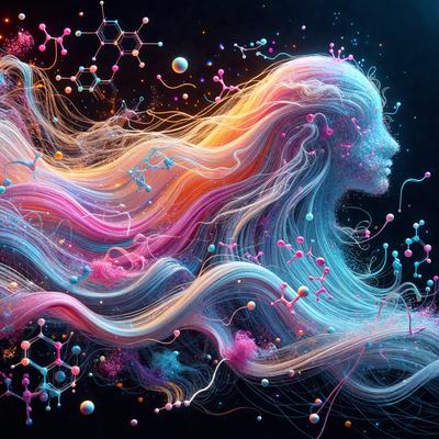 The primary subject of the image is a woman's head, which is the main focus of the scene. The setting is a dark background, which contrasts with the vibrant colors of the woman's hair and the surrounding elements. The visual style is digital art, as the woman's hair is depicted in a flowing, abstract manner. The colors and mood of the image are lively and energetic, with the woman's hair being the center of attention and the background elements adding depth and interest to the composition.